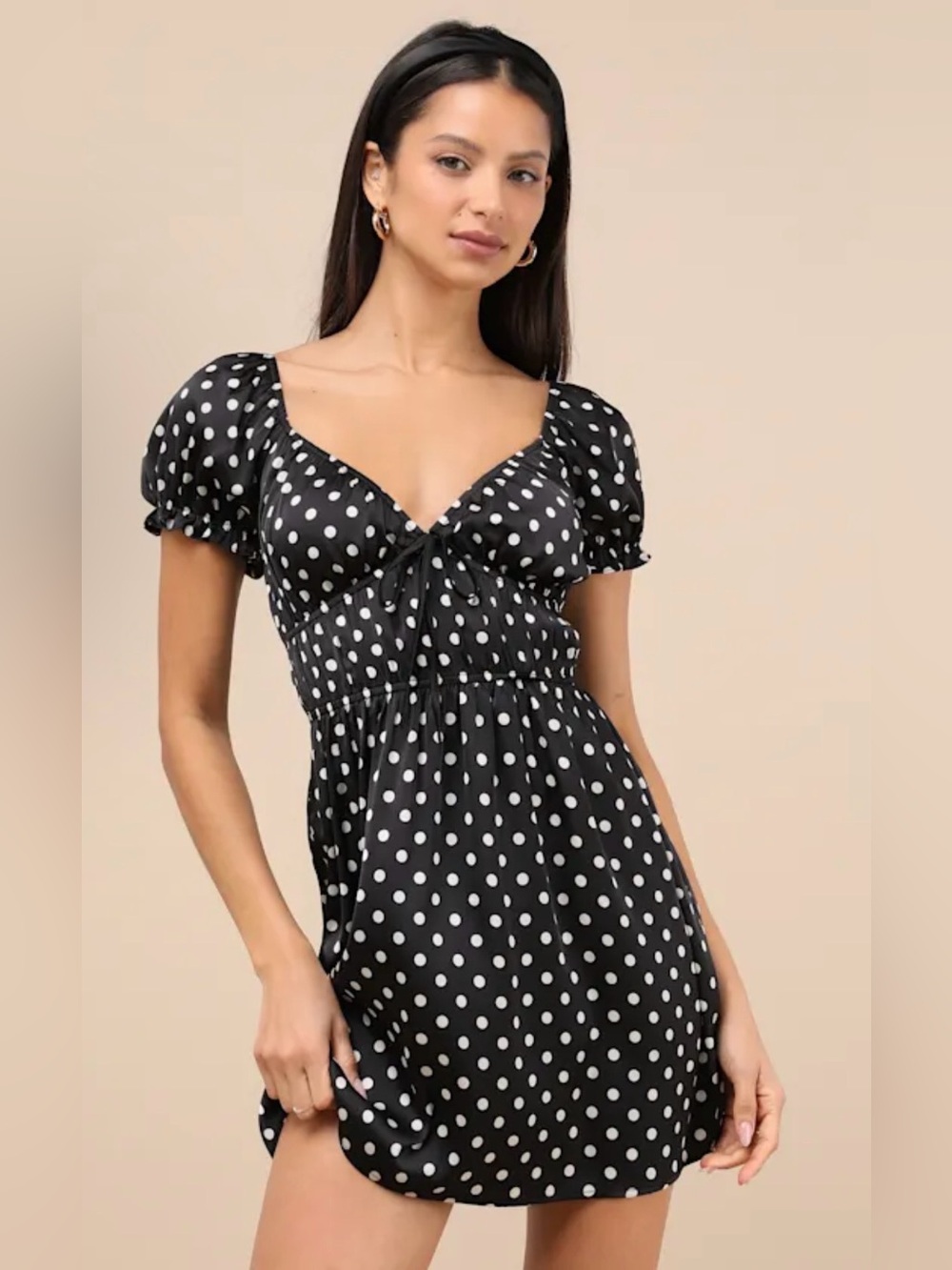 Lulu's Black and White Polka Dot Puff-Sleeve Mini Dress